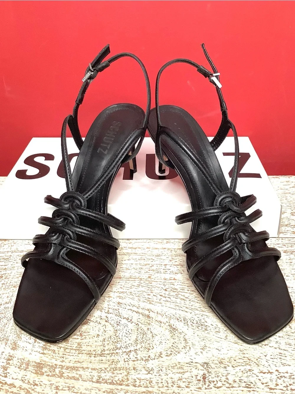 SCHUTZ Octavia Black Leather Knotted Strappy 3” Stiletto Sandals